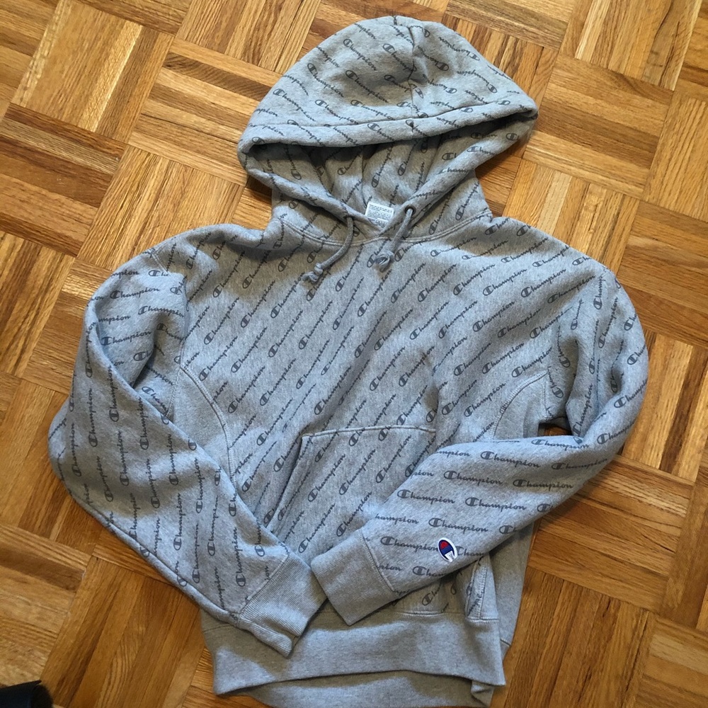 Reverse weave champion hoodie with writing